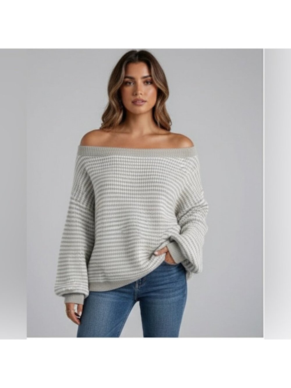 Striped Pattern Off Shoulder Lantern Sleeve Sweater
